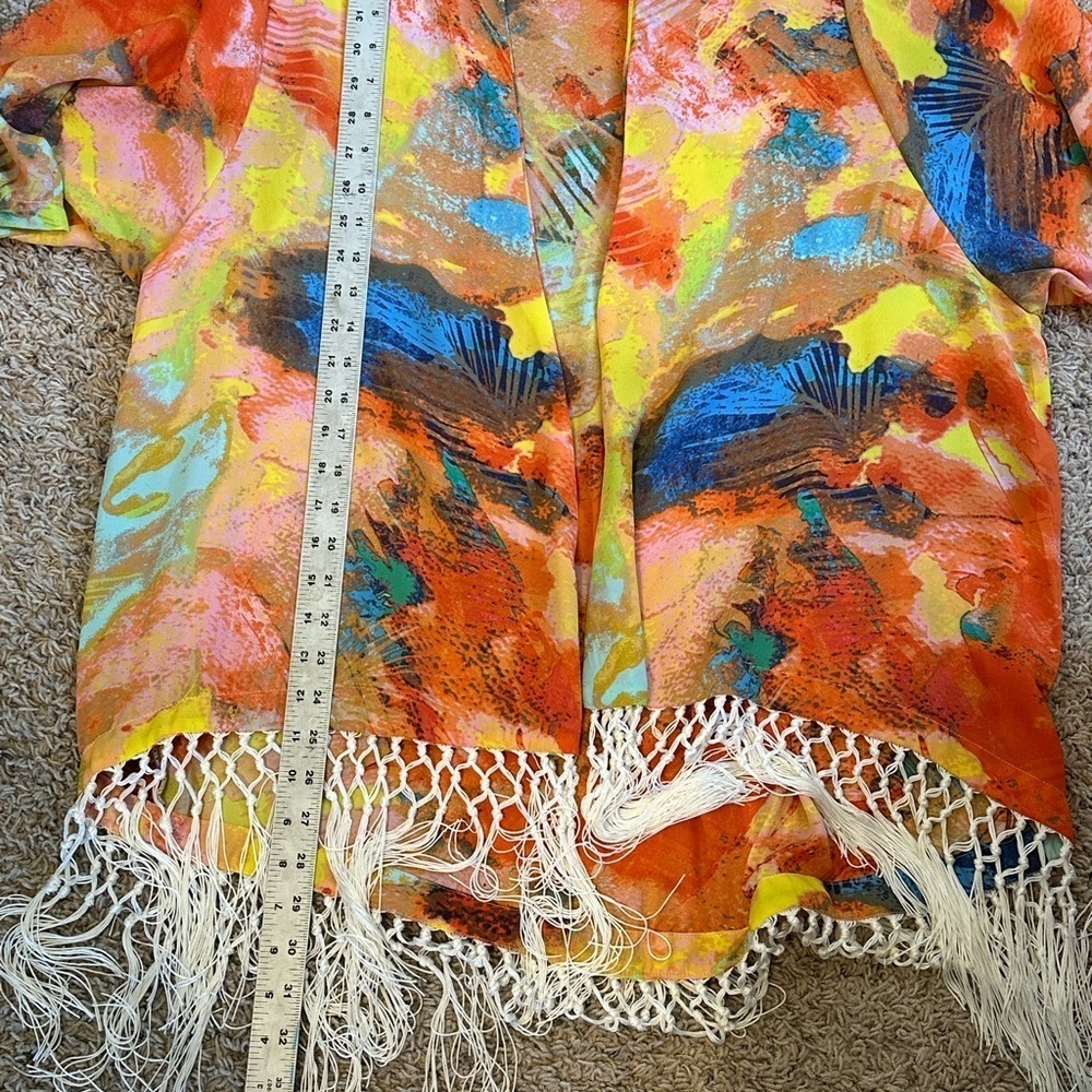 Gianni Bini Vibrant Multicolor Avant Garde Kimono Cover Up with Fringe Sz XL - Picture 12 of 12